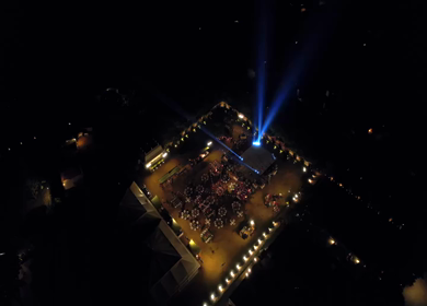 Aerial night drone view of a Big Fat Indian Wedding Venue Decoration in India