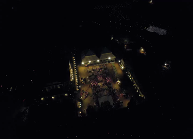 Aerial night drone view of a Big Fat Indian Wedding Venue Decoration in India