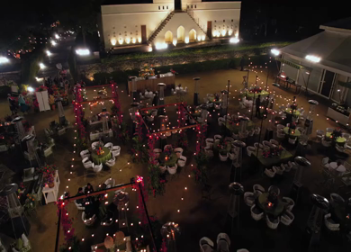 Aerial night drone view of a Big Fat Indian Wedding Venue Decoration in India