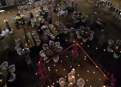 Aerial night drone view of a Big Fat Indian Wedding Venue Decoration in India