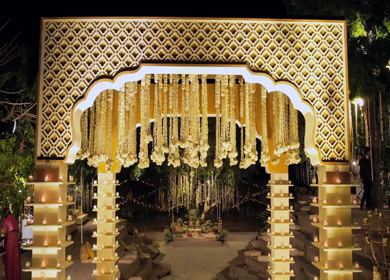 Aerial night drone view of a Big Fat Indian Wedding Venue Decoration in India