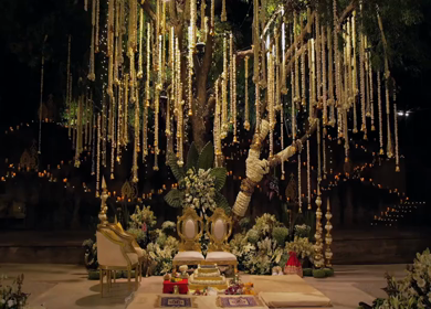 Aerial night drone view of a Big Fat Indian Wedding Venue Decoration in India