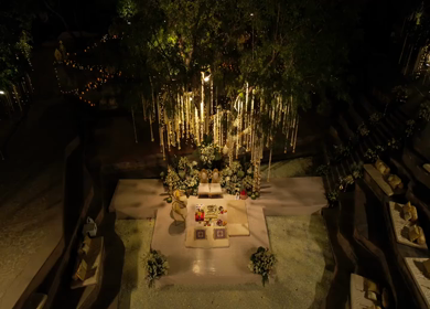 Aerial night drone view of a Big Fat Indian Wedding Venue Decoration in India