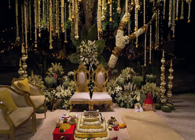 Aerial night drone view of a Big Fat Indian Wedding Venue Decoration in India