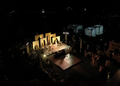 Aerial night drone view of a Big Fat Indian Wedding Venue Decoration in India