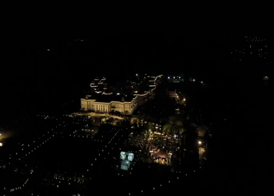 Aerial night drone view of a Big Fat Indian Wedding Venue Decoration in India