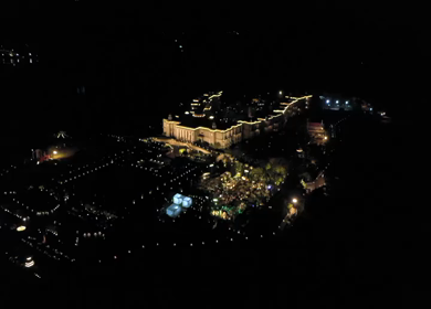 Aerial night drone view of a Big Fat Indian Wedding Venue Decoration in India