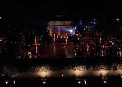 Aerial night drone view of a Big Fat Indian Wedding Venue Decoration in India