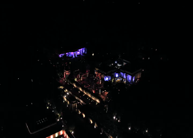 Aerial night drone view of a Big Fat Indian Wedding Venue Decoration in India