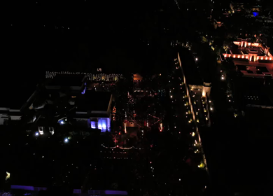 Aerial night drone view of a Big Fat Indian Wedding Venue Decoration in India