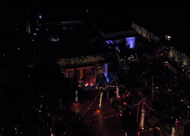 Aerial night drone view of a Big Fat Indian Wedding Venue Decoration in India