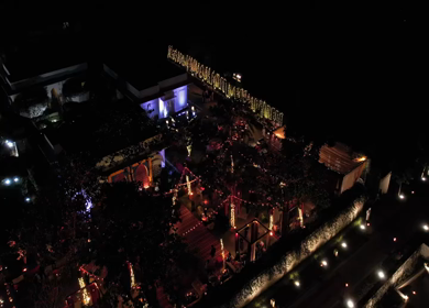Aerial night drone view of a Big Fat Indian Wedding Venue Decoration in India