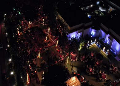 Aerial night drone view of a Big Fat Indian Wedding Venue Decoration in India