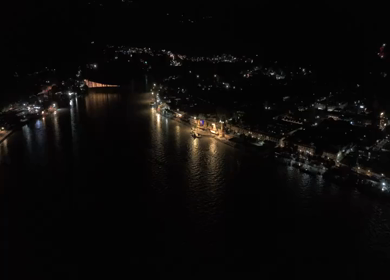 Aerial night shot of Ram Jhula suspension bridge over Ganges River in Rishikesh India