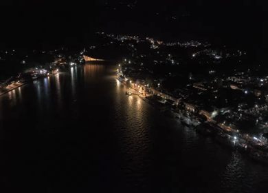 Aerial night shot of Ram Jhula suspension bridge over Ganges River in Rishikesh India