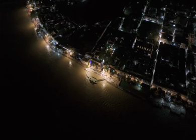 Aerial night shot of Triveni Ghat in Rishikesh India