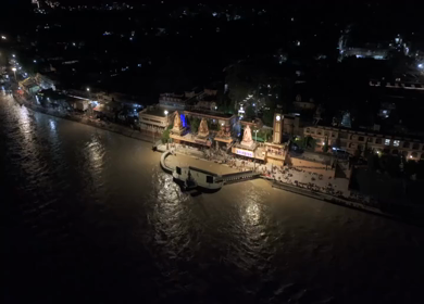 Aerial night shot of Triveni Ghat in Rishikesh India