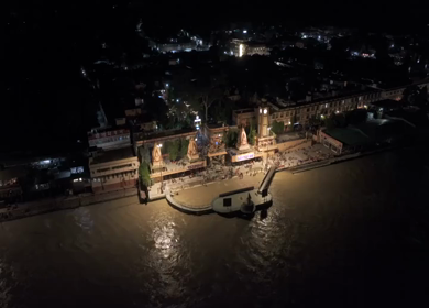 Aerial night shot of Triveni Ghat in Rishikesh India