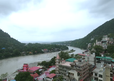 Aerial shot of Ganges River flowing through Rishikesh India