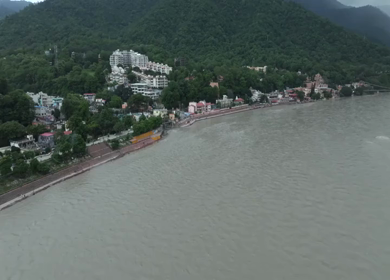 Aerial shot of Ganges River flowing through Rishikesh India