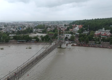 Aerial shot of Janki Setu suspension bridge over Ganges River in Rishikesh India
