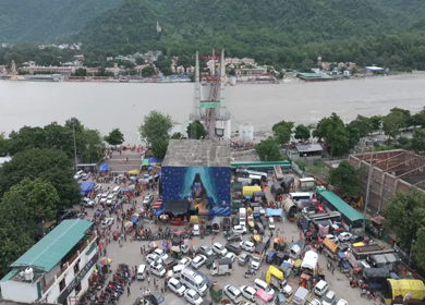 Aerial shot of Janki Setu suspension bridge over Ganges River in Rishikesh India