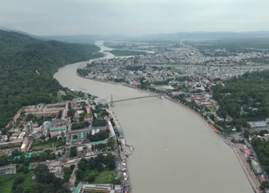 Aerial shot of Janki Setu suspension bridge over Ganges River in Rishikesh India