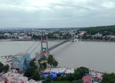 Aerial shot of Janki Setu suspension bridge over Ganges River in Rishikesh India