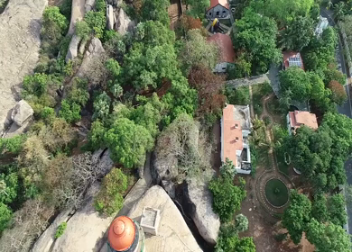 An aerial shot of the Krishna's Butter Ball, Mahabalipuram, Tamilnadu, India