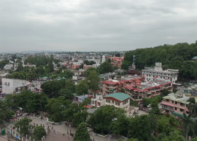 Aerial drone shot of Parmarth Niketan Ashram in Rishikesh India