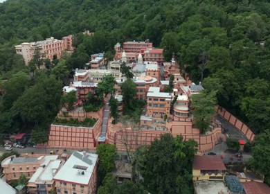 Aerial drone shot of Parmarth Niketan Ashram in Rishikesh India