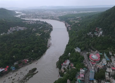 Aerial shot of Ram Jhula and Janki Setu bridges in Rishikesh India