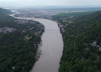 Aerial shot of Ram Jhula and Janki Setu bridges in Rishikesh India