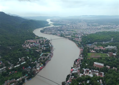 Aerial shot of Ram Jhula and Janki Setu bridges in Rishikesh India