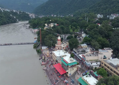 Aerial shot of Ram Jhula suspension bridge over Ganges River in Rishikesh India