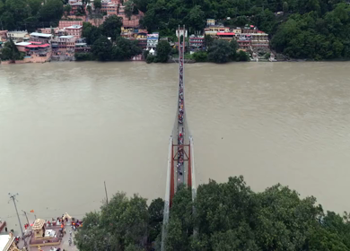 Aerial shot of Ram Jhula suspension bridge over Ganges River in Rishikesh India