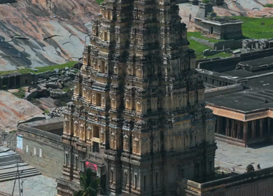 Aerial drone shot of Virupaksha Temple in Hampi Karnataka India