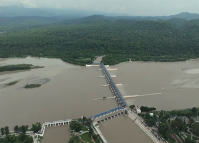 Aerial shot of dam over Ganges River in Haridwar India
