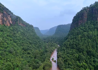 Aerial shot of dense forest and rolling hills in Rohtas Bihar India