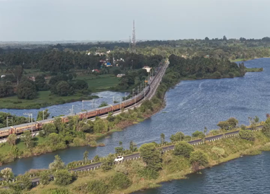 Aerial shot of train running at Maravanthe near Kundapura Karnataka India