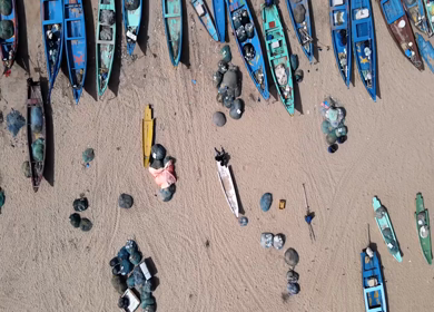 Aerial top view of fishing boats lined on sandy beach with waves in Kovalam Kerala India