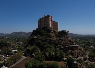 Aerial view of Alila Fort Bishangarh, a restored heritage palace hotel in Rajasthan, India