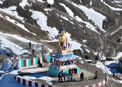 Aerial view of Buddha statue at Langza village in Spiti Valley Himachal Pradesh India