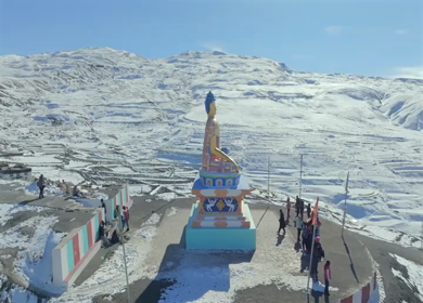 Aerial view of Buddha statue at Langza village in Spiti Valley Himachal Pradesh India