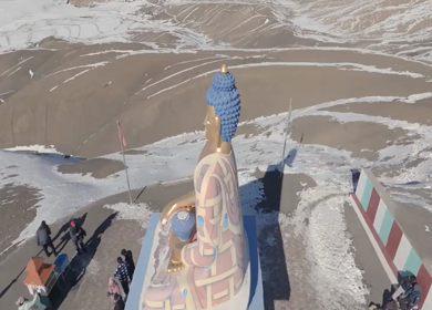 Aerial view of Buddha statue at Langza village in Spiti Valley Himachal Pradesh India