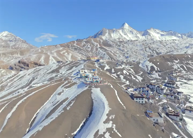Aerial view of Buddha statue at Langza village in Spiti Valley Himachal Pradesh India