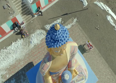 Aerial view of Buddha statue at Langza village in Spiti Valley Himachal Pradesh India