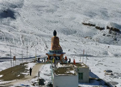 Aerial view of Buddha statue at Langza village in Spiti Valley Himachal Pradesh India