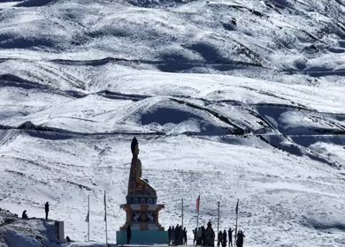 Aerial view of Buddha statue at Langza village in Spiti Valley Himachal Pradesh India