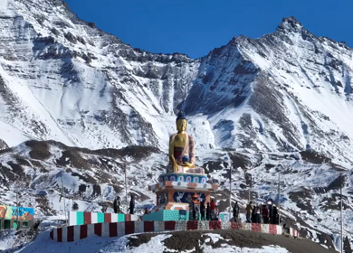 Aerial view of Buddha statue at Langza village in Spiti Valley Himachal Pradesh India